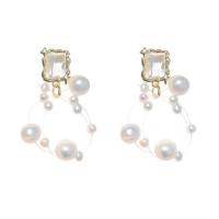 Brass Drop Earring with Fishing Line & Plastic Pearl Geometrical Pattern plated micro pave cubic zirconia & for woman 35mm Sold By Pair