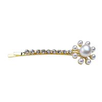 Hair Slide Freshwater Pearl with Brass Flower gold color plated for woman white Sold By PC