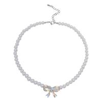 Plastové perlový náhrdelník, Plastové Pearl, s Zinek, s 2.75inch extender řetězce, Bowknot, pro ženy & s drahokamu, Délka Cca 13.7 inch, Prodáno By PC