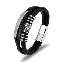 Titanium Steel Bracelet with Split Layer Cowhide Leather platinum plated multilayer & braided bracelet & for man 215mm Sold By PC
