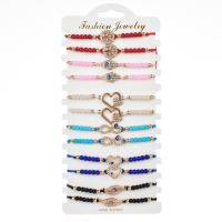 Glass Beads Bracelet Set with Cotton Thread & Zinc Alloy gold color plated 12 pieces & adjustable & enamel & with rhinestone mixed colors Length 6.7 Inch Sold By Set