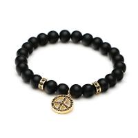 Black Agate Bracelets with Brass Peace Logo plated fashion jewelry & Unisex & micro pave cubic zirconia 15mm 8mm Length 17-20 cm Sold By PC