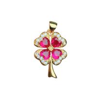 Rhinestone Brass Pendants with Rhinestone Four Leaf Clover gold color plated Unisex red nickel lead & cadmium free 16mm Sold By PC