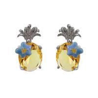 Crystal Earrings Zinc Alloy with Crystal Pineapple silver color plated fashion jewelry & for woman & enamel yellow nickel lead & cadmium free Sold By Pair