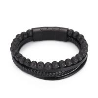 Titanium Steel Bracelet with Leather & Lava gun black plated multilayer & braided bracelet & for man black 215mm Sold By PC