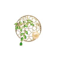 Cubic Zirconia Broche, metal, con Perlas plásticas, Hoja, chapado en color dorado, micro arcilla de zirconia cúbica & para mujer & hueco, 32x36mm, 10PCs/Grupo, Vendido por Grupo