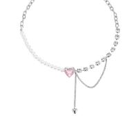 Plastic Pearl Necklace Zinc Alloy with Plastic Pearl with 8cm extender chain Heart silver color plated fashion jewelry & for woman & with rhinestone white nickel lead & cadmium free Length Approx 43 cm Sold By PC