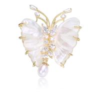 Freshwater Pearl Brooch Brass with White Shell & Freshwater Pearl Butterfly real gold plated fashion jewelry & micro pave cubic zirconia & for woman white nickel lead & cadmium free Sold By PC