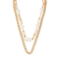 Collier en alliage de zinc Pull, avec perle de verre, Placage de couleur d'or, Double couche & pour femme, Or, 490mm, Vendu par PC