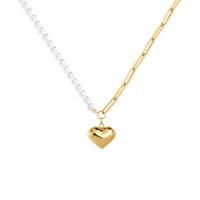 925 Sterling Silver Pearl Necklace, with Freshwater Pearl, Heart, gold color plated, for woman, Length:Approx 17.71 Inch, Sold By PC