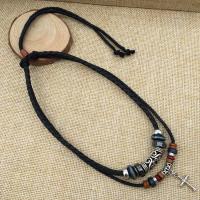 PU Leather Cord Necklace Zinc Alloy with leather cord & Wax Cord & Wood handmade Double Layer & for man black nickel lead & cadmium free Length Approx 18.5 Inch Sold By PC