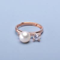 Freshwater Pearl Finger Ring with Brass Round rose gold color plated Adjustable & for woman & with rhinestone rose gold color 7-8mm Sold By PC