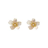 Shell Earrings Brass with Shell Flower 14K gold plated micro pave cubic zirconia & for woman white Sold By Pair