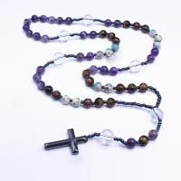 Rosary Necklace Tiger Eye with Iron Rock & Impression Jasper & Amethyst polished Unisex two different colored Length Approx 26.77 Inch Sold By PC