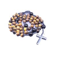 Sweater Chain Necklace Tiger Eye with Seedbead & Iron Rock & Black Agate polished Unisex brown Length Approx 26.77 Inch Sold By PC