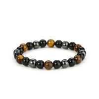 Gemstone Bracelets Tiger Eye with Black Magnetic Stone Round Unisex mixed colors Length 7.5 Inch Sold By PC