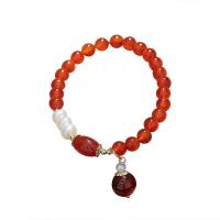 Red Agate Bracelets with Freshwater Pearl & Brass Round gold color plated folk style & for woman 6mm Length Approx 5.5-6.3 Inch Sold By PC