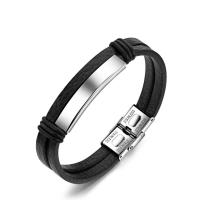 Cowhide Bracelet Titanium Steel with Cowhide Vacuum Ion Plating Double Layer & for man black 215mm Sold By PC