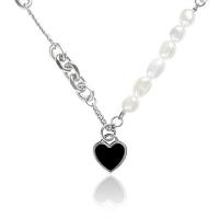 Natural Freshwater Pearl Necklace Titanium Steel with Freshwater Pearl Heart fashion jewelry & for woman & enamel silver color Length Approx 43 cm Sold By PC
