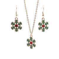 Zinc Alloy Jewelry Set earring & necklace Snowflake gold color plated 2 pieces & Christmas jewelry & for woman & enamel & with rhinestone green nickel lead & cadmium free Sold By Set