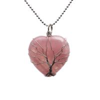Quartz Necklace Rose Quartz with 304 Stainless Steel Chain & brass wire & Wax Cord Heart silver color plated Unisex pink Length 19.7 Inch Sold By PC