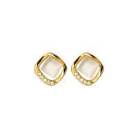 Cats Eye Earring Brass with Cats Eye Square plated for woman & with rhinestone nickel lead & cadmium free 9mm Sold By Pair