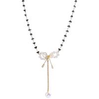 Collar de perlas de plástico, Cristal, con Perlas plásticas & aleación de zinc, con 5.3cm extender cadena, Lazo, chapado en color dorado, Joyería & ajustable & para mujer, Jet, longitud aproximado 34.3 cm, Vendido por UD