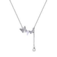 Titanium Steel Necklace with ABS Plastic Pearl platinum plated fashion jewelry & micro pave cubic zirconia & for woman silver color 30mm Length 36.6 cm Sold By PC