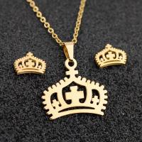 Fashion Stainless Steel Jewelry Sets Stud Earring & necklace 304 Stainless Steel Crown Vacuum Plating 2 pieces & fashion jewelry & for woman golden 21*19mm 10*7mm Length Approx 17.72 Inch Sold By Set