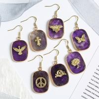 Natural Quartz Earrings Amethyst with Brass Rectangle gold color plated & for woman purple Sold By Pair