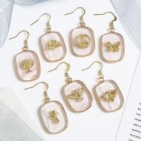 Rose Quartz Drop Earring with Brass Rectangle gold color plated & for woman pink Sold By Pair
