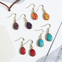 Impression Jasper Drop Earring with Brass Teardrop gold color plated for woman Sold By Pair