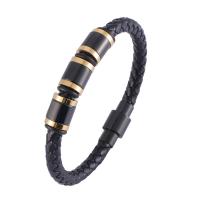 Leather Cord Bracelet with 316 Stainless Steel Donut Vacuum Ion Plating fashion jewelry & for man black nickel lead & cadmium free 6mm Sold By PC