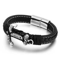 Bracelet cordon en cuir, Acier titane, avec Cuir, ancre, bracelet tressé & pour homme, noire, 210mm, Vendu par PC