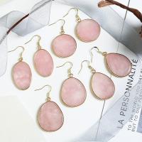 Natural Quartz Earrings Rose Quartz with Brass gold color plated & for woman pink Sold By Pair