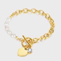 Freshwater Cultured Pearl Bracelet 304 Stainless Steel with Freshwater Pearl Vacuum Ion Plating fashion jewelry & micro pave cubic zirconia & for woman Length Approx 8.46 Inch Sold By PC