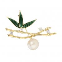 South Sea Shell Brooch Brass with Shell Pearl Bamboo gold color plated Unisex & micro pave cubic zirconia & enamel green nickel lead & cadmium free Sold By PC