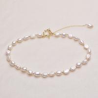 Natural Cultured Freshwater Pearl Jewelry Sets, bracelet & necklace, with Brass, gold color plated, 2 pieces & for woman, white, 43cm,18cm, 2PCs/Set, Sold By Set