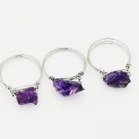 Natural Quartz Finger Ring, Amethyst, with brass wire, silver color plated, for woman, purple, 22-23mm, Sold By PC