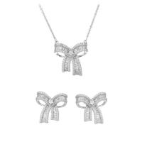 Cubic Zirconia Micro Pave Brass Jewelry Sets Stud Earring & necklace with 5cm extender chain Bowknot real gold plated fashion jewelry & micro pave cubic zirconia & for woman silver color nickel lead & cadmium free 20mm Length 40 cm Sold By PC