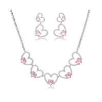 Cubic Zirconia Micro Pave Brass Jewelry Sets earring & necklace with 5cm extender chain Heart real gold plated fashion jewelry & micro pave cubic zirconia & for woman pink nickel lead & cadmium free Length 35 cm Sold By PC