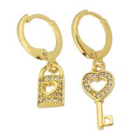 Asymmetric Earrings Brass Lock and Key gold color plated micro pave cubic zirconia & for woman 23mm 28mm Sold By Pair