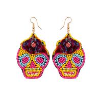 Seedbead Drop Earring with Sequins & PU Leather & Crystal & Brass Skull handmade Bohemian style & for woman yellow Sold By Pair