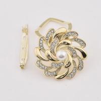 Zinc Alloy Dual-use Brooch Scarf Buckle with Plastic Pearl Flower gold color plated for woman & with rhinestone 35mm Sold By Lot
