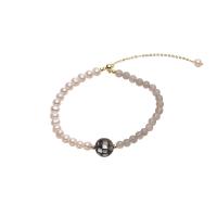 Freshwater Cultured Pearl Bracelet Freshwater Pearl with Natural Moonstone & Abalone Shell & Brass Round gold color plated for woman white 4-5mm Length 7.1 Inch Sold By PC