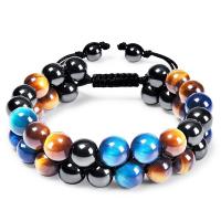 Gemstone Woven Ball Bracelets Tiger Eye with Knot Cord & Black Stone Double Layer & Unisex 16mm Length Approx 7.5-11.8 Inch Sold By PC