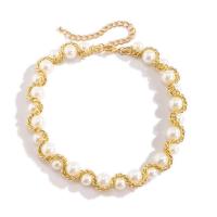Plastic Pearl Necklace Aluminum with Plastic Pearl with 7cm extender chain Round gold color plated fashion jewelry & adjustable & for woman golden nickel lead & cadmium free Length 38 cm Sold By PC