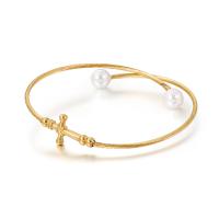 304 Stainless Steel Cuff Bangle with Shell Pearl Cross rack plating for woman 8mm Inner Approx 66mm Sold By PC