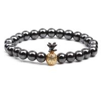 Non Magnetic Hematite Bracelet with Brass Pineapple plated elastic & Unisex & micro pave cubic zirconia 8mm Length 18-20 cm Sold By PC