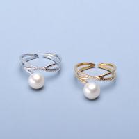 Freshwater Pearl Finger Ring Brass with Freshwater Pearl Round plated for woman & with rhinestone nickel lead & cadmium free 7-8mm Sold By PC